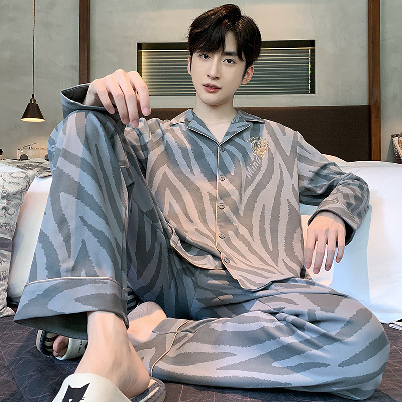 Pajamas men's cotton pajamas long sleeve spring and autumn thin autumn and winter fat boys plus size home wear two-piece suit