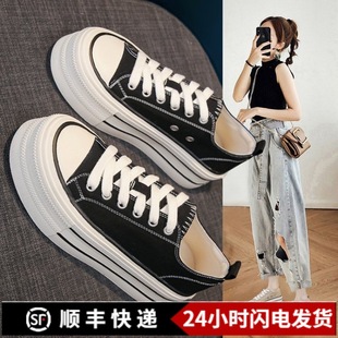 Thick-Soled Canvas Shoes for Women 2025 New Korean Style White Shoes Sports Casual Shoes Heightening Round Toe Lace-Up Low-Cut Sneakers