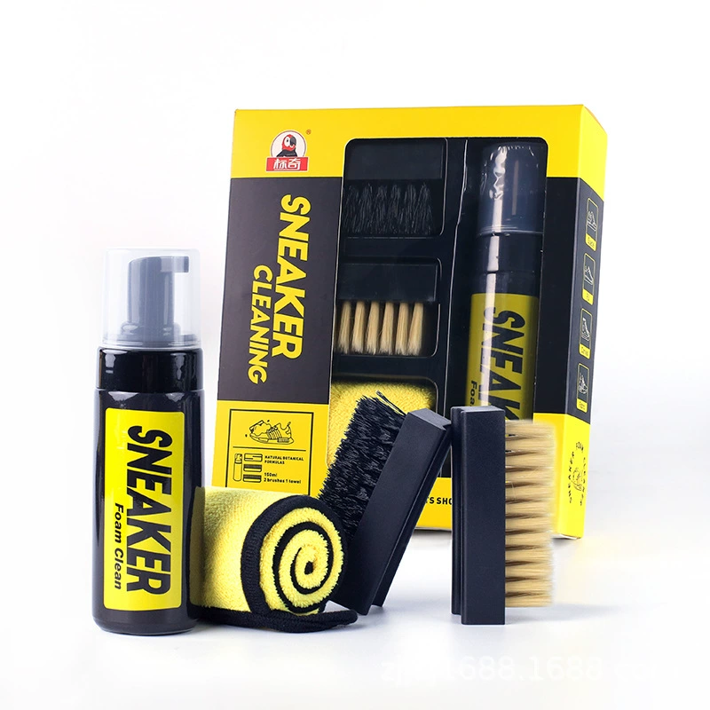 Набор для чистки из 4 предметов: 150 мл пенного очистителя, щетка для обуви с жесткой щетиной + щетка для обуви с мягкой щетиной + салфетка для полировки обуви