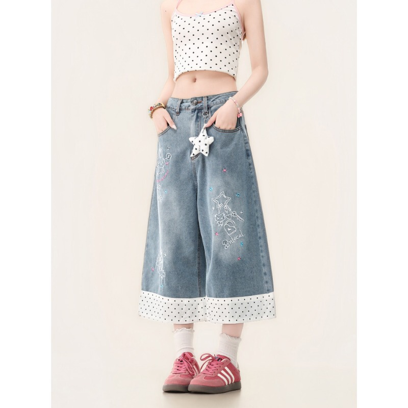 Trendy Carp Cartoon Embroidered Star Pendant Three-Quarter Jeans for Women, Cute Polka Dot Color-Blocking Loose Wide-Leg Pants Trendy Carp Cartoon Embroidered Star Pendant Three-Quarter Jeans for Women, Cute Polka Dot Color-Blocking Loose Wide-Leg Pants