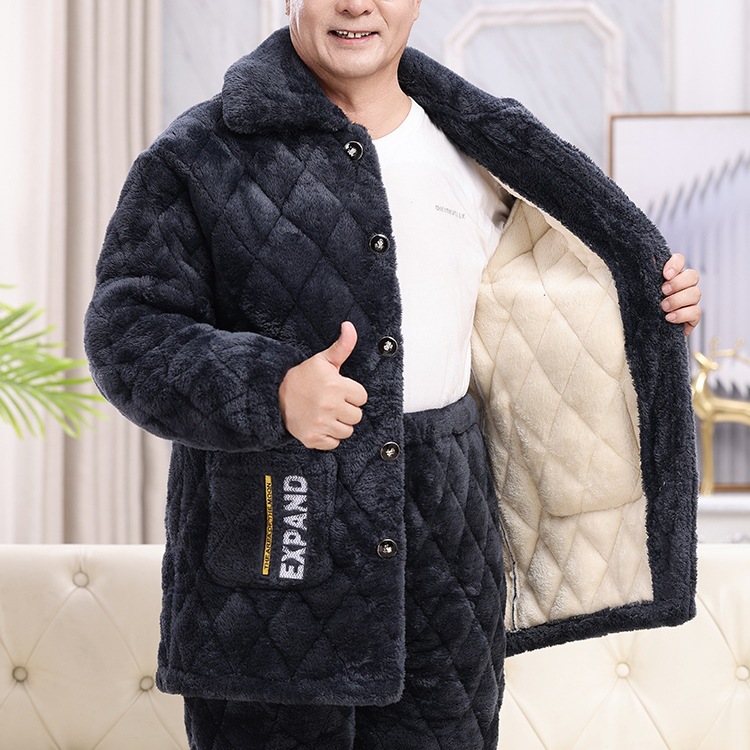 Dad's Winter Men's Three-Layer Thickened Quilted Pajamas, Middle-Aged and Elderly Coral Fleece Set, New Winter Warm Cotton Jacket