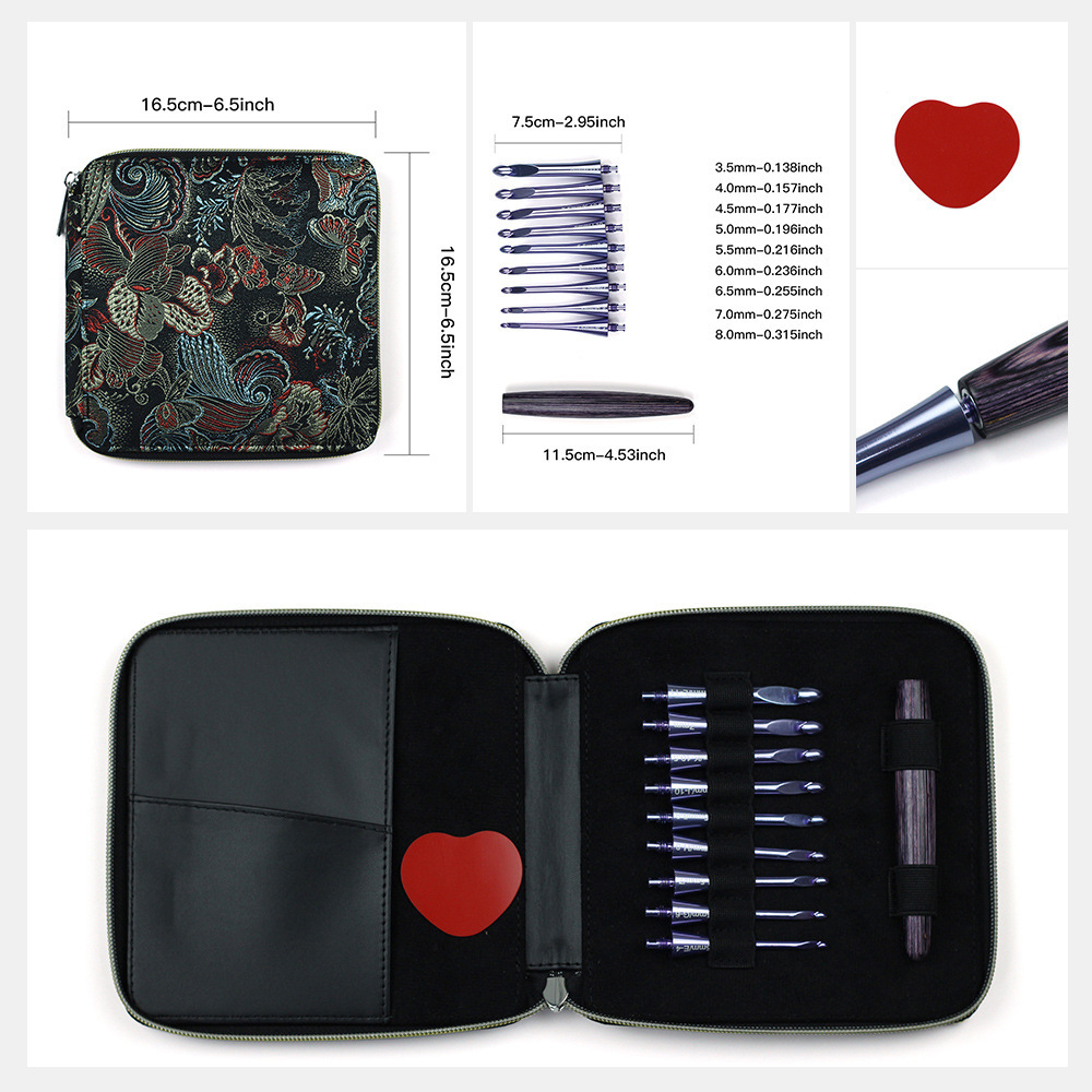 Herramientas de tejido transfronterizas pulidas a mano mango de madera púrpura ganchillo desmontable 1 remolque 9 conjunto de ganchillo