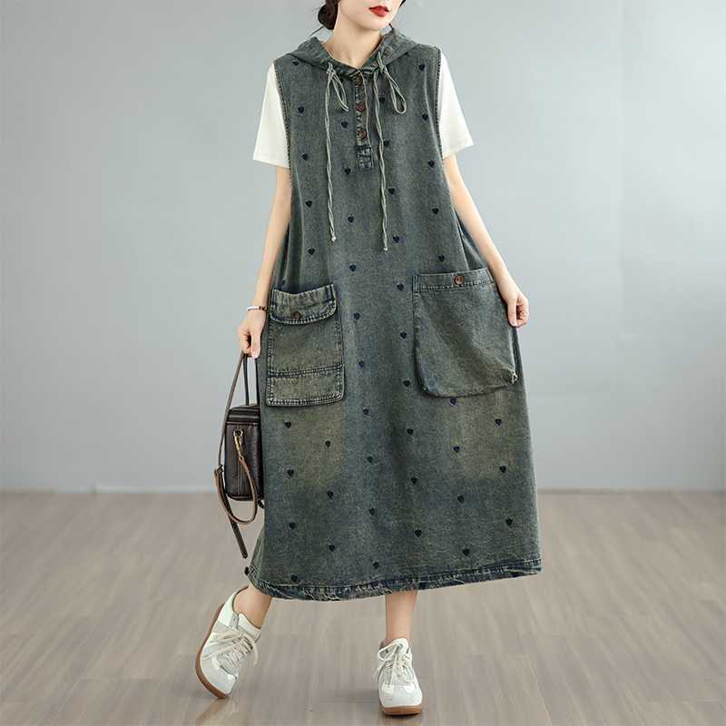 Summer retro denim dress sleevless with hood