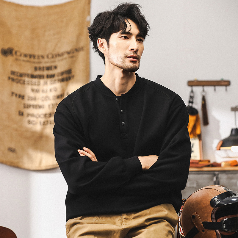 American Retro Heavyweight Sweatshirt Men's Autum Trendy Brand Henry Collar Half Cardigan Jacket Men's Spring and Autum Long-Sleeved Polo Shirt