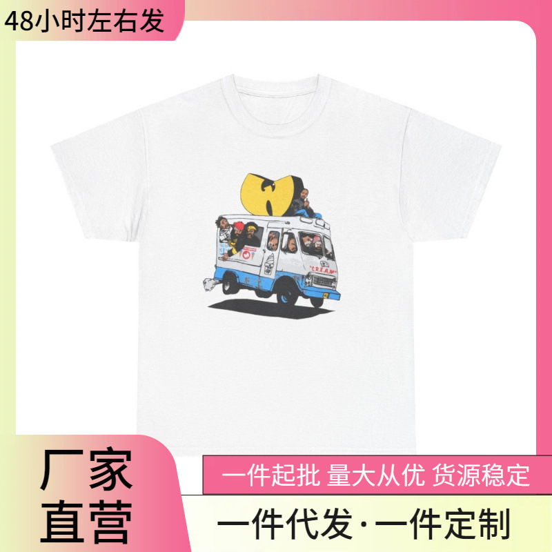 Wu Tang T-Shirt Cream Retro Hip Hop Classic New York Fashion Men's and Women's Printed Plaid Short Sleeve Street Wear