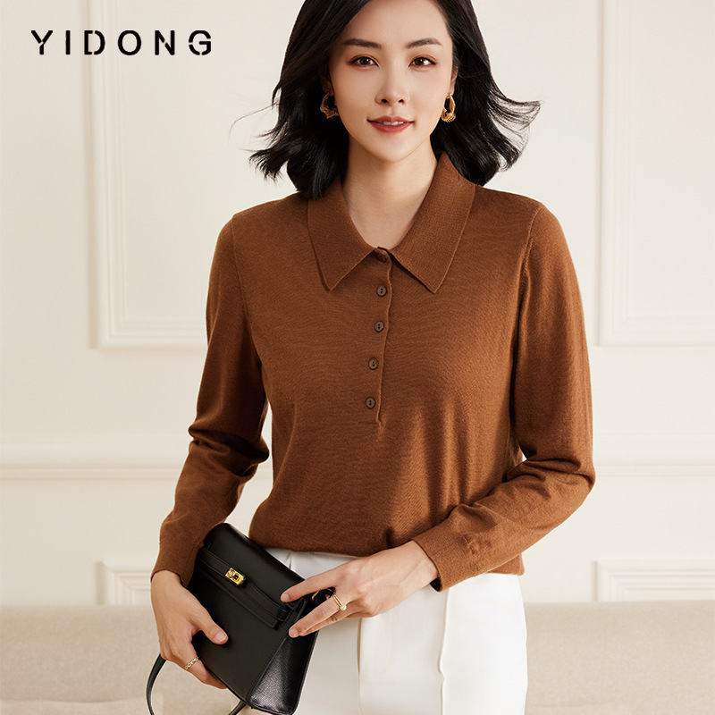 Lapel Cashmere Shoulder Long Sleeve T-shirt Worsted 16-stitch Plain regular Women's Pullover Sweater