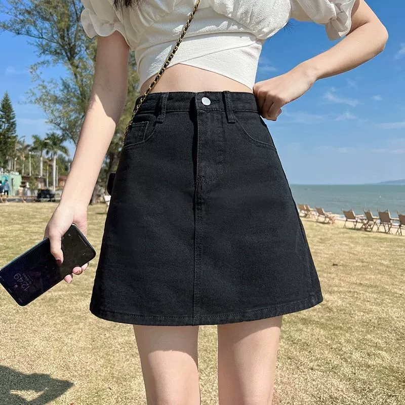 Черная джинсовая юбка трапециевидной формы в стиле ретро с высокой талией и утягивающим эффектом для женщин, летняя тонкая маленькая юбка трапециевидной формы, закрывающая ягодицы