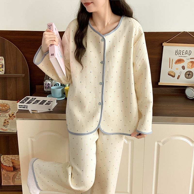 Pijamas de algodón de aire de mujeres otoño y invierno nuevo engrosado de mangas largas dulce pequeño viento fragante calentamiento conjunto de ropa de hogar se puede usar fuera