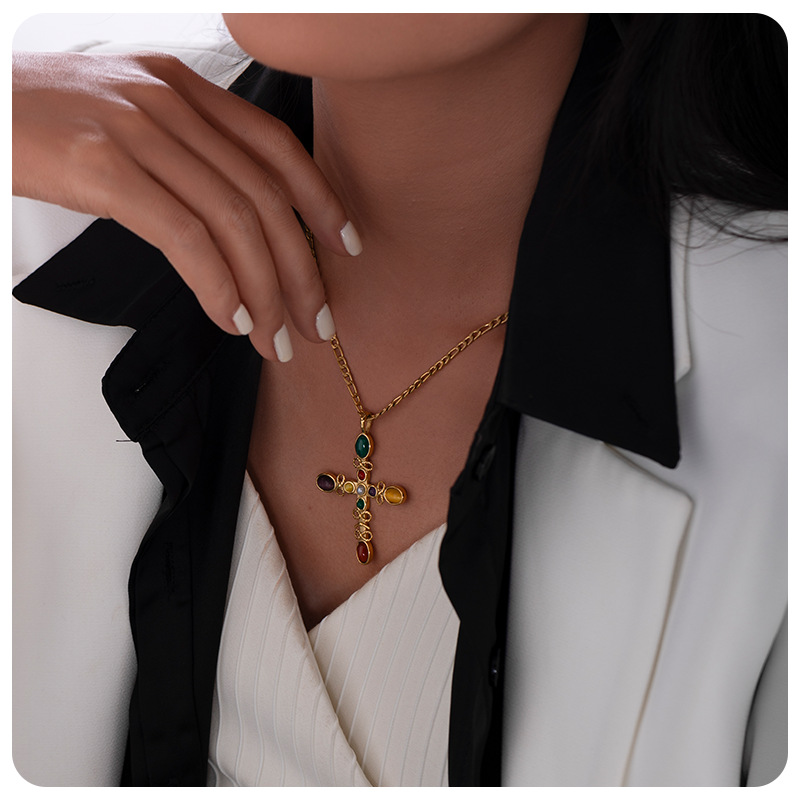 Tina acero inoxidable piedra natural collar cruz colgante de mujer nicho de alta calidad joyería cadena clavícula al por mayor transfronteriza image 4