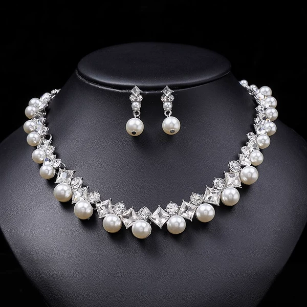 1# Square Diamond Pearl Necklace Set (BB1033)