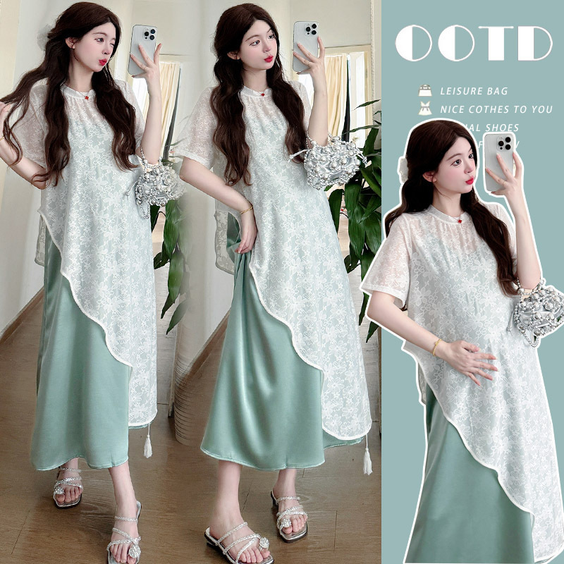 Maternity Wear Fashionable Korean Style Summer Asymmetrical Lace Blouse Skirt + High-End Suspender Dress Trendy Mom Suit