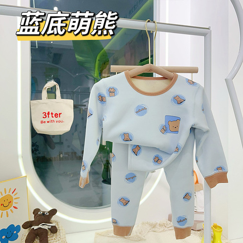 One-piece children's warm padded innerwear set with milk silk and cherry blossom fleece, suitable for both boys and girls, factory wholesale.