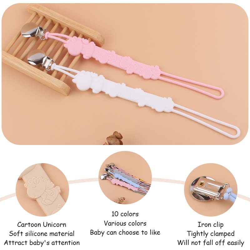 Nuevo bebé suministros ronda chupete de hierro clip calmante bebé unicornio suave Cadena de chupete de silicona cadena anti-gota