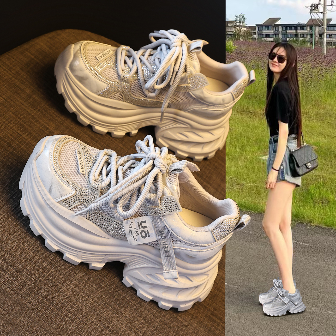 Giày sneaker nữ chunky đế dày lưới thoáng khí đính đá rhinestone — màu be