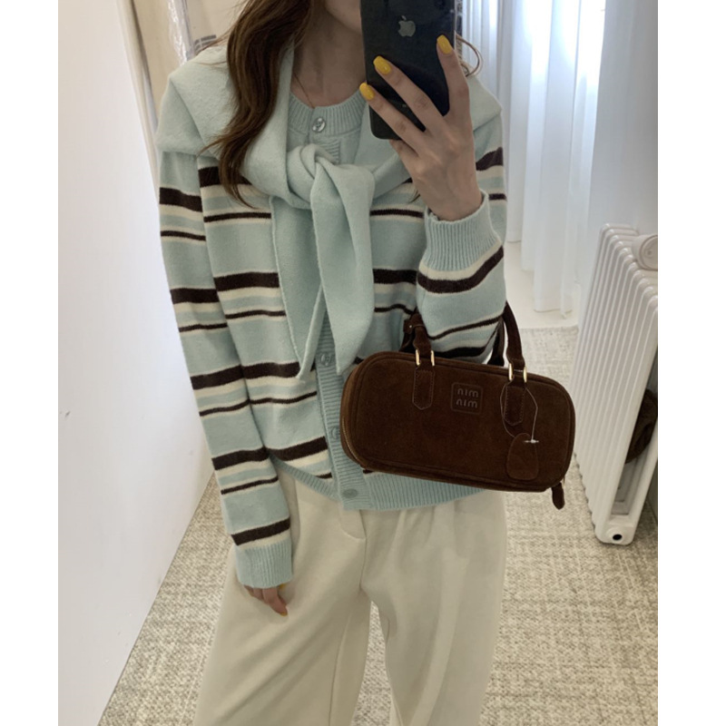 韩系甜美撞色条纹时髦毛衣针织开衫女春秋冬新款宽松外穿配披肩