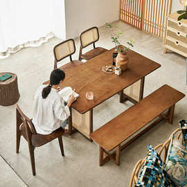 日式餐桌白蜡木藤编餐桌椅组合复古简约长凳椅子胡桃色实木桌子