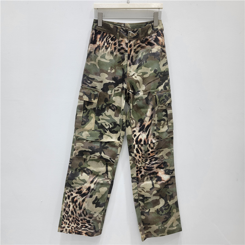 2026 primavera y verano nuevo estilo americano camuflado estampado de leopardo empalmado de bolsillo pantalones de trabajo sueltos delgados pantalones casuales rectos