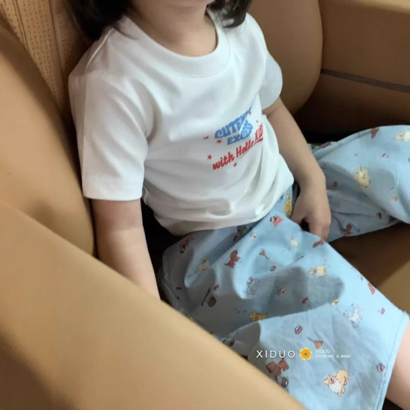 夏の女の子の超かわいい漫画のフルプリント防蚊パンツブルーストレートパンツ子供服男の子と女の子のための薄い子犬パンツ|undefined