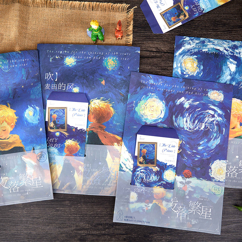 Recoger el juego de papel de carta de sobre A4, la noche que cae, la serie de estrellas, la ilustración original, el mensaje del estudiante, el sobre de papel de carta de bendición