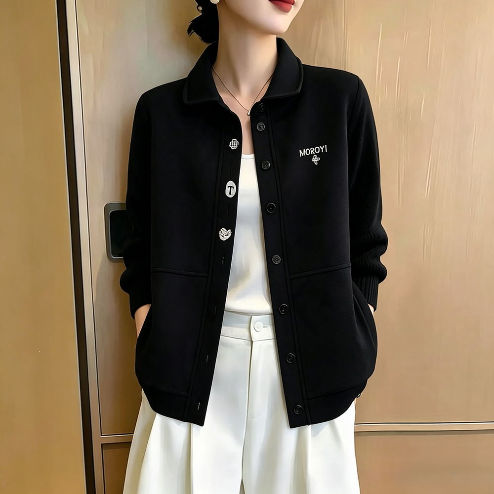 黑色Polo领刺绣开衫卫衣外套女2026秋季新款宽松长袖上衣自主品牌