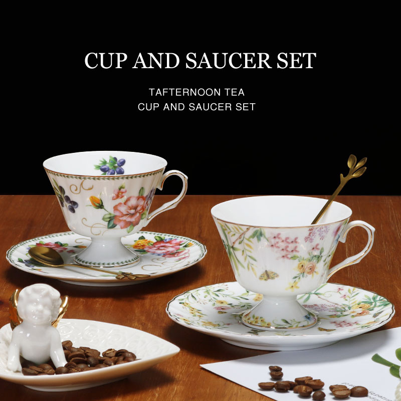 Taza de café de cerámica de porcelana china exquisita de estilo europeo Taza y platillo Estilo retro británico Juego de té de la tarde de alta gama Taza de té con flores