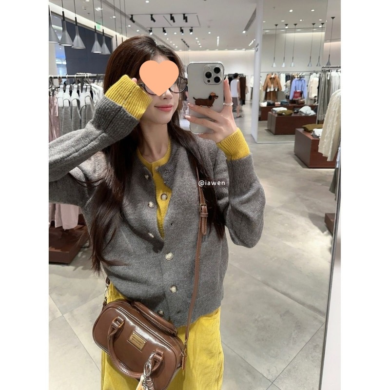 设计感撞色假两件毛衣开衫外套女秋季黄色小众短款长袖针织衫上衣|undefined