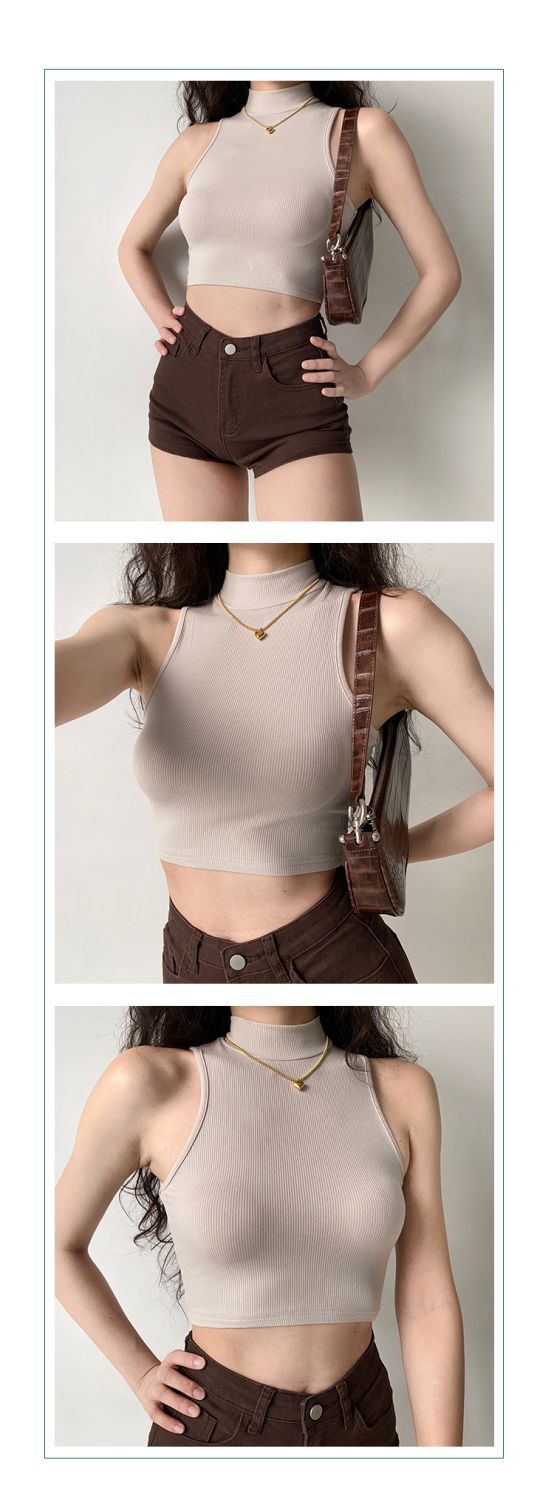 84g Weight Short Sleeve Sleeve Length Polyester Fabric Type Short Top Length Wrap Crop Top Tops Type Holiday Occasion High Neck Neckline Slim Fit Type Solid Color Pattern Summer, Autumn Season Women's Gender Casual Style Wholesale Women's Casual Solid Color Short Sleeve Tank Tops 6