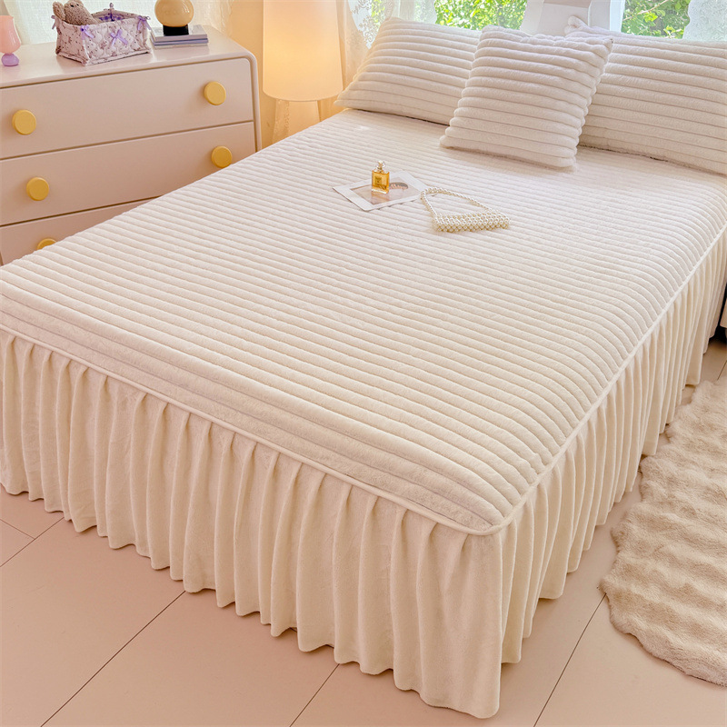 Autumn and Winter Class a Rabbit Fur Striped Velvet Bed Skirt Crystal Velvet Anti-Slip Strap Mattress Protector Milk Velvet Lace Bedspread