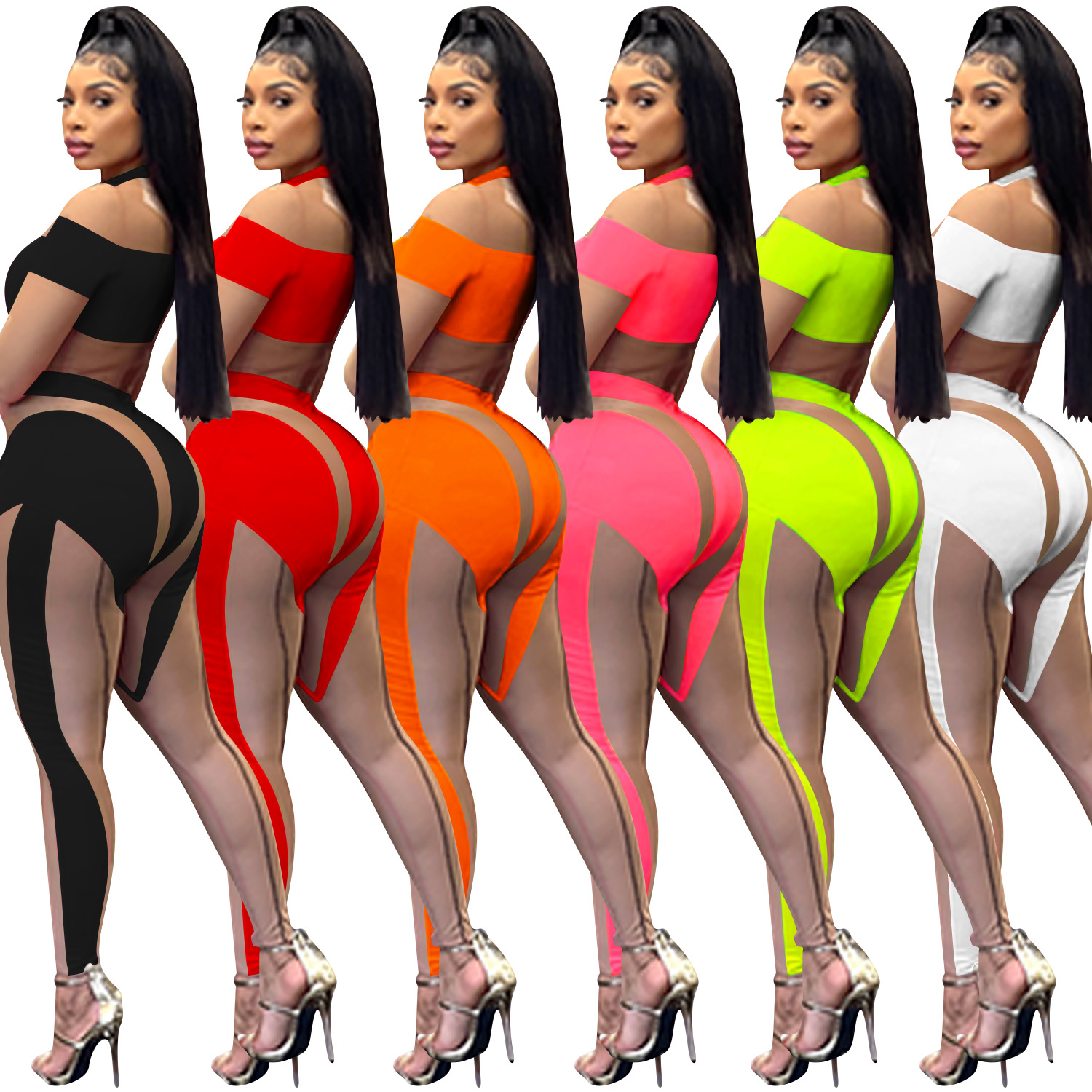 C581 transfronteriza europea y americana nueva moda sexy club nocturno malla ajustada transparente pantalones de manga larga mono ropa de mujer