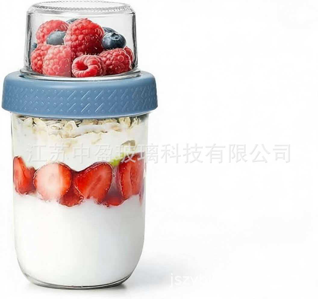 Taza de yogur de vidrio transfronteriza taza de desayuno portátil separación seca y húmeda sellado taza de avena taza de noche con cubierta ensalada laminada