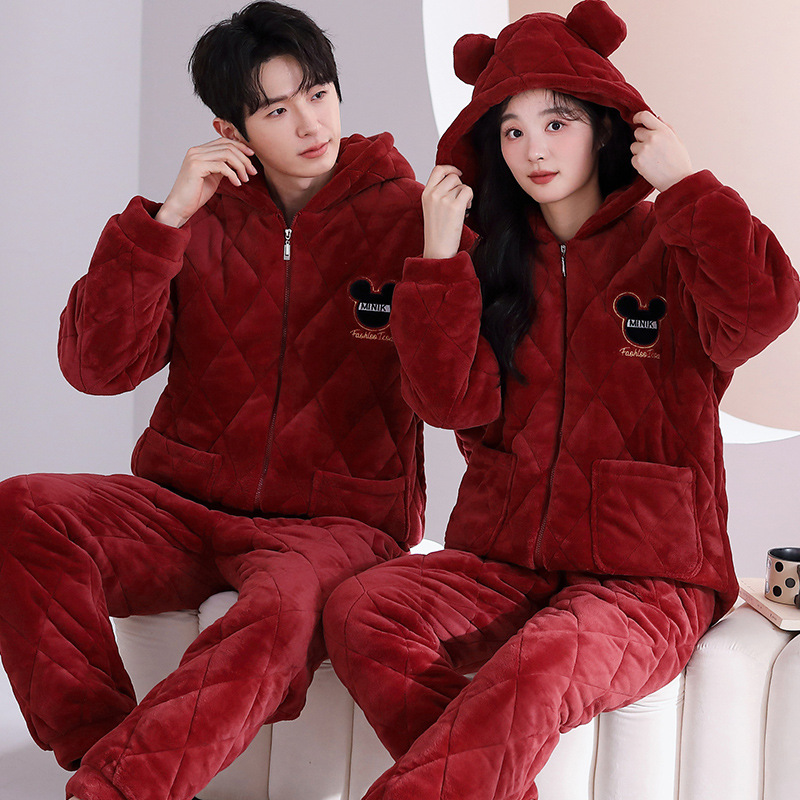 3 층 퀼트 파자마 겨울 후드 카디건 긴팔 두껍게 기모 빨간 가족 년 후드 커플 홈 옷