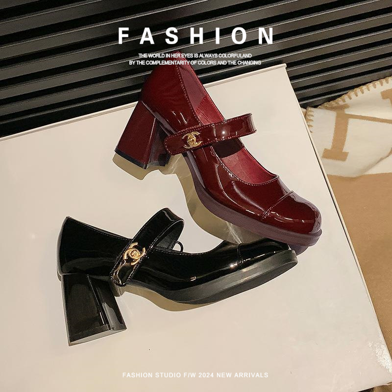 High-Heeled License Genuine Leather Autum Mary Jane Shoes for Women with Thick Heels New Single Christmas Buckle with Small Fragrance