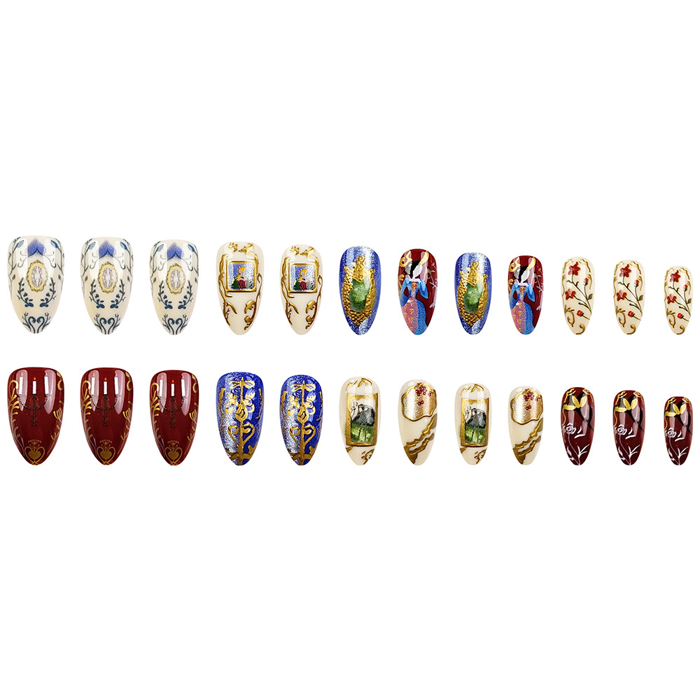Ventas transfronterizas en caliente estereoscópicas de oro Lp desgaste uñas barrocas pintura de uñas 24 piezas de uñas falsas terminadas