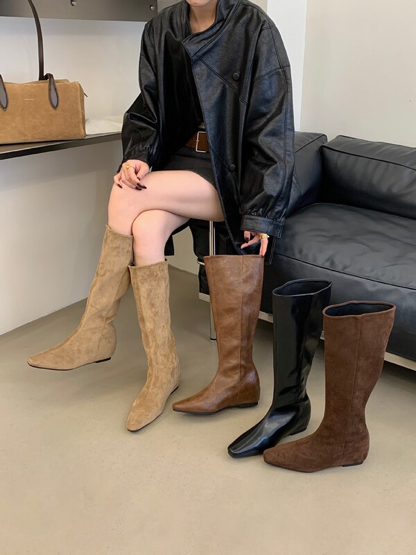 [Excluding tax] 2026 Fall/Winter New Model Square-Toe Height-Increasing Suede Slip-On Long Boots Vintage Women's Boots