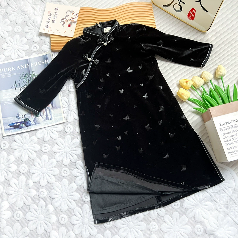 Velvet dress, skirt, long-sleeve, retro black children's cheongsam, autumn, Chinese style