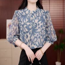 一件代发新品爆款蓝色印花七分袖衬衫中老年夏季遮肉显瘦洋气女
