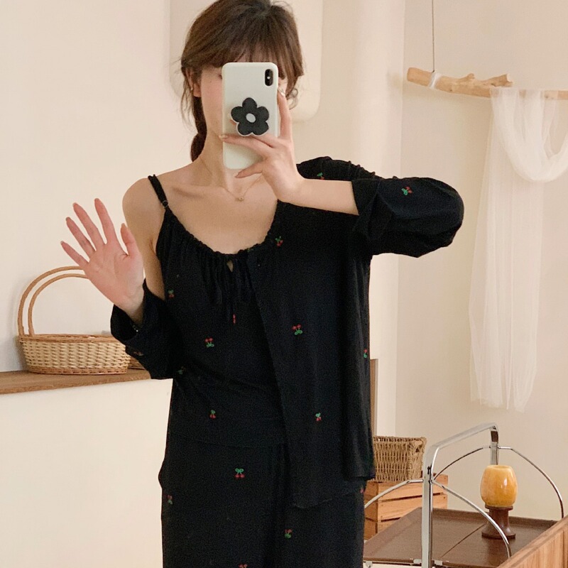 Modal Cherry Women's Summer One-piece Home Clothes with Chest Pad Cup Long-sleeve Thin Home Three-piece Set Modal Cherry Women's Summer One-piece Home Clothes with Chest Pad Cup Long-sleeve Thin Home Three-piece Set