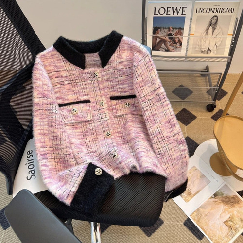 Women's Autumn/Winter Long-Sleeve Outerwear with Subtle Chanel-style Hues, High-End, Loose Fit Knit Cardigan