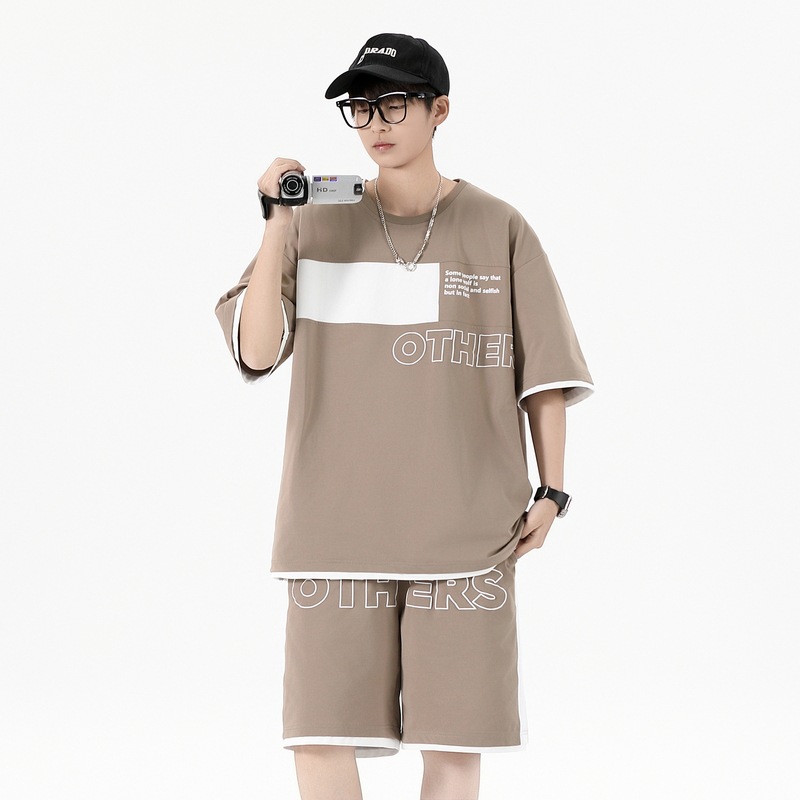 Traje informal holgado de manga corta para hombre, pantalones cortos de manga corta con conjunto de dos piezas, color contrastante, fresco, de verano