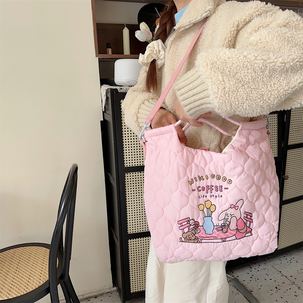 31223 Quilted soft crossbody bag, large capacity hand-held shoulder bag, cartoon embroidered little rabbit student handbag undefined