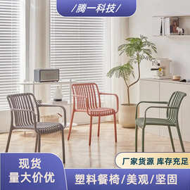 竖条塑料休闲椅 轻奢风简约餐椅家用餐厅餐桌椅ins靠背椅子