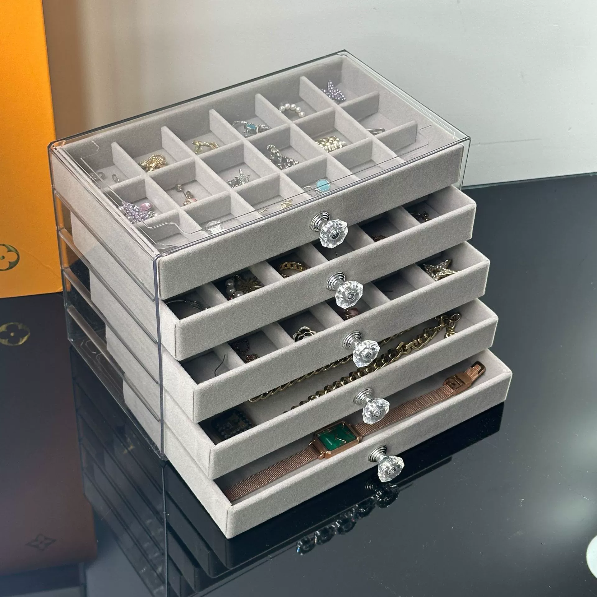 Хранение украшений, прозрачная рама из PET, 5-ъярусная organizer, множество отделений, размеры 21.5×15.4×15.3 см