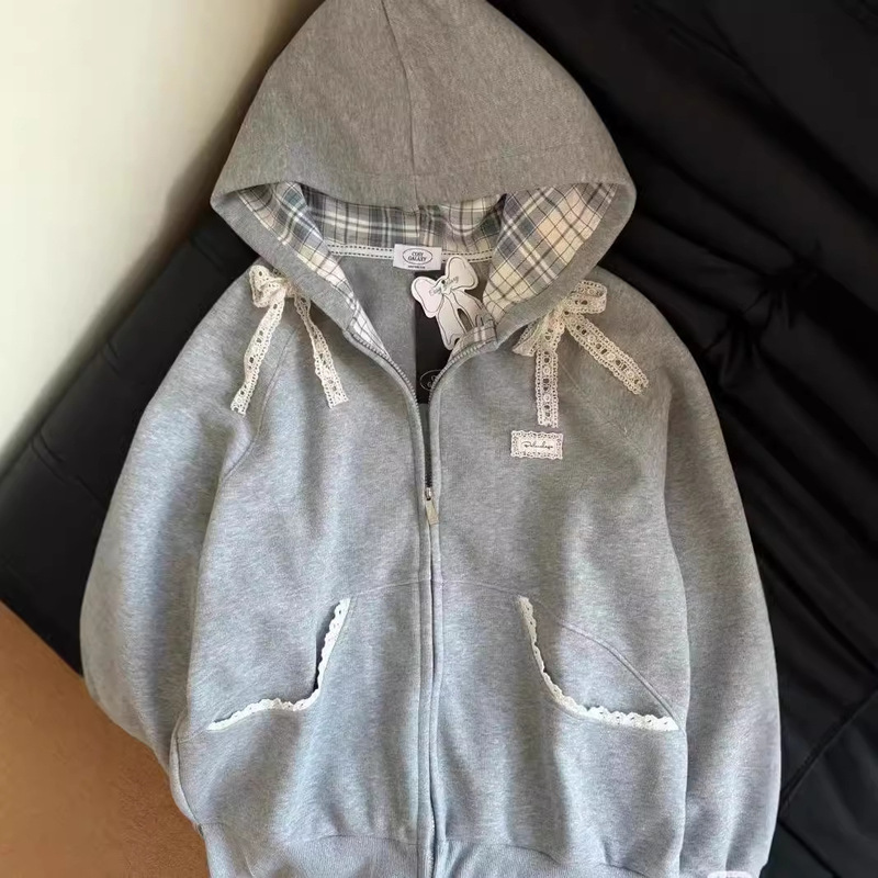 American Retro Plaid Splicing Hooded Sweatshirt for Women 2024 Spring & Fall New Loose Lace Bow Zipper Jacket