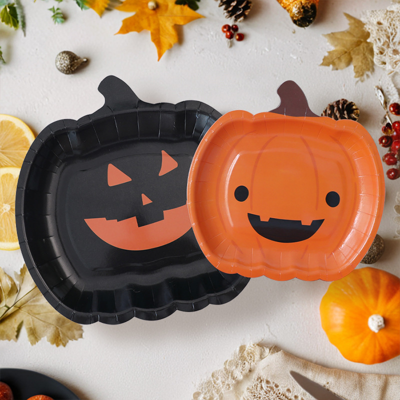 Cross-border in stock Pumpkin Paper Plate Halloween Children's Party Disposable Dinner Plate Deli Candy Plate Cute Smiley Plate
