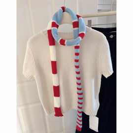 显白撞色条纹腊肠小围巾长条凹造型法棍春秋冬季赵昭仪同款围脖
