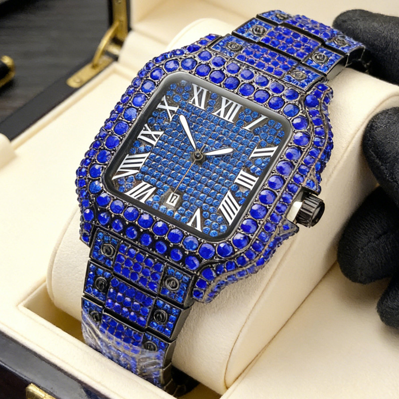 Luxury Watch, European and American Hip-Hop Ice Watch, Square Diamond-Encrusted Watch with Zirconia, Men's Quartz Wristwatch, in Stock
