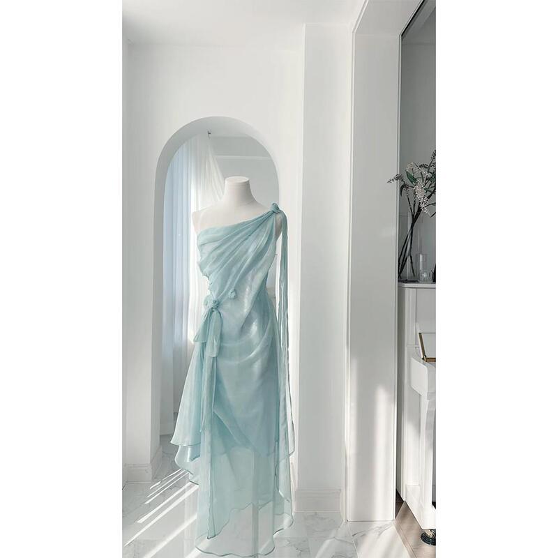 One-shoulder handmade rose ribbon seaside holiday dress niche design fashion temperament seaside holiday dress