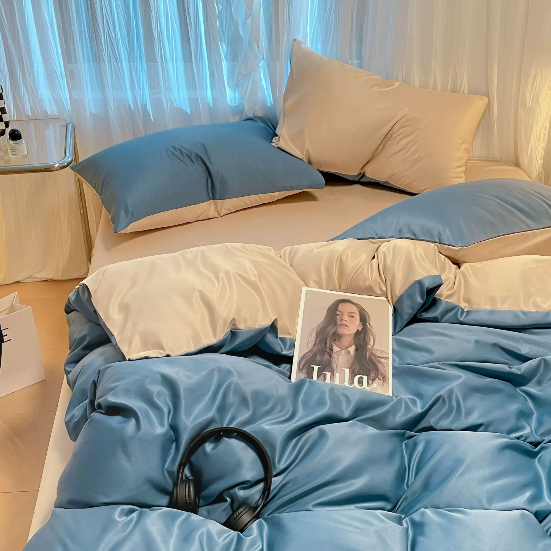 纯色双拼水洗真丝四件套亲肤裸睡床单被套床笠学生宿舍床上三件套