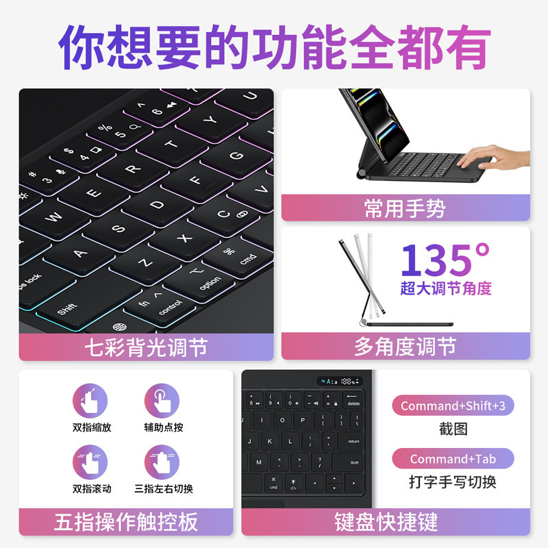 适用iPadpro12.9寸五点触控air456 蓝牙数显磁吸悬浮妙控键盘厂批|undefined