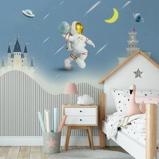 太空飞船儿童房壁纸男孩房间卡通火箭壁画墙纸幼儿园背景墙布